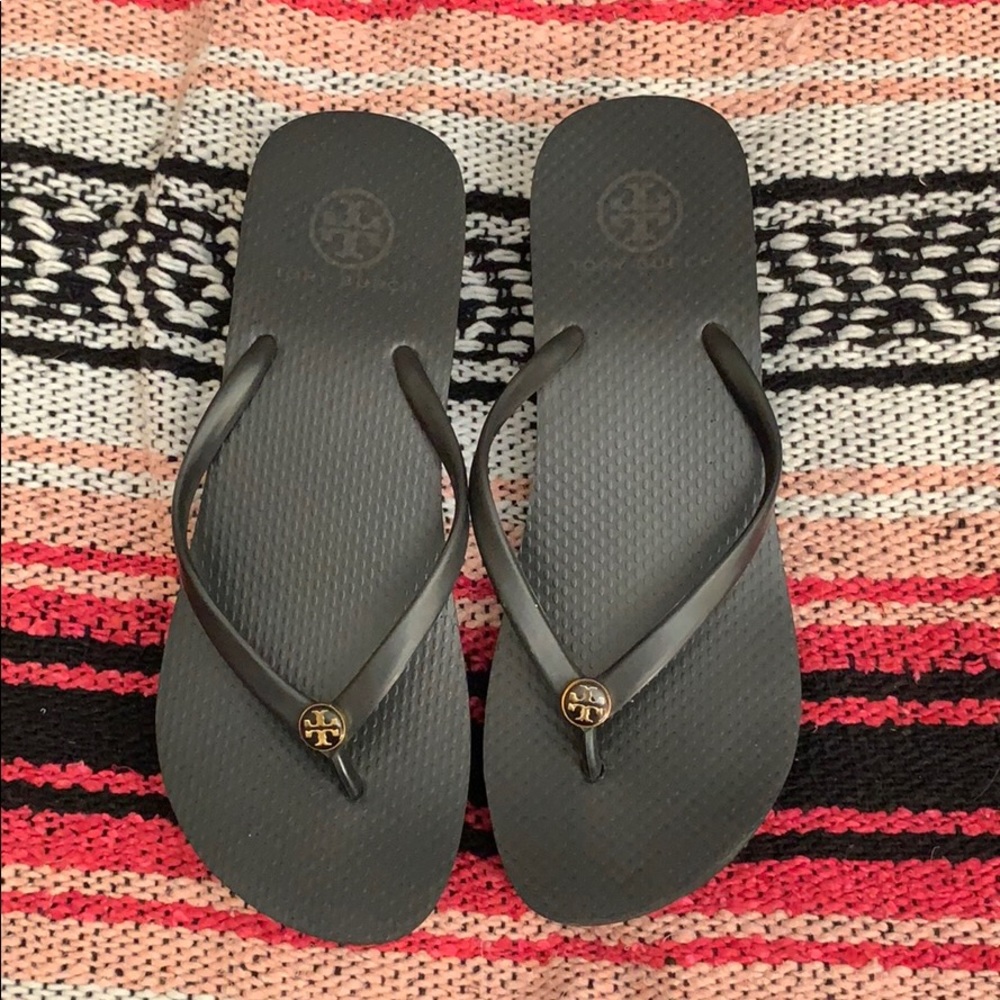 Black Tory Burch wedge flip flop sandals